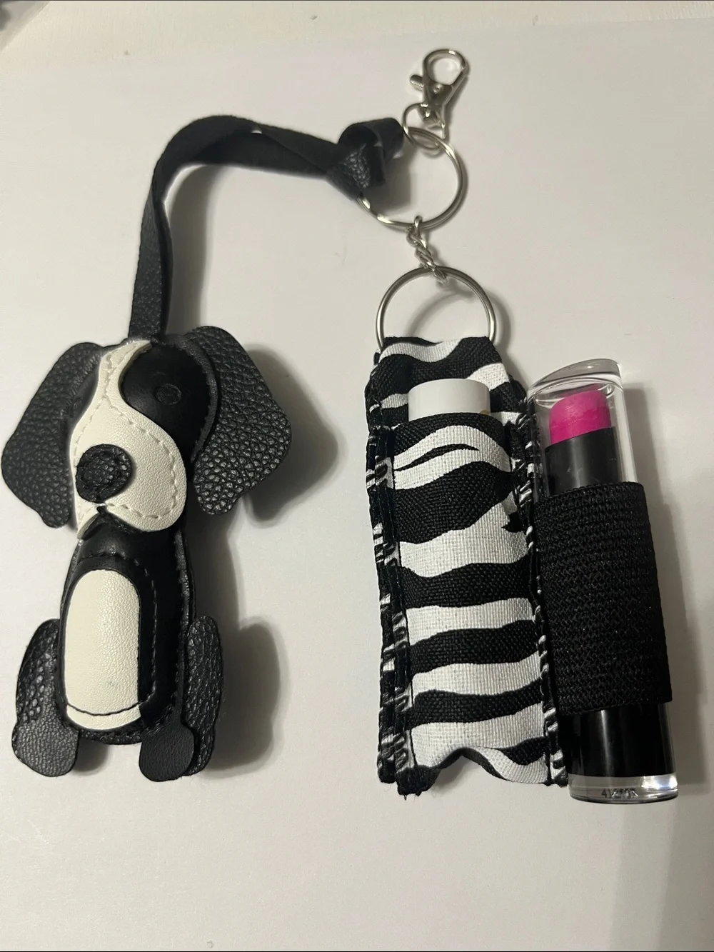 Gift Set Black White Dog Keychain Wristlet Dual Lipstick Balm Holder 2 Earrings